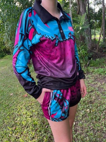 "Gulf Mud Crabbers" Footy Shorts (Pink/Blue) - Image 2